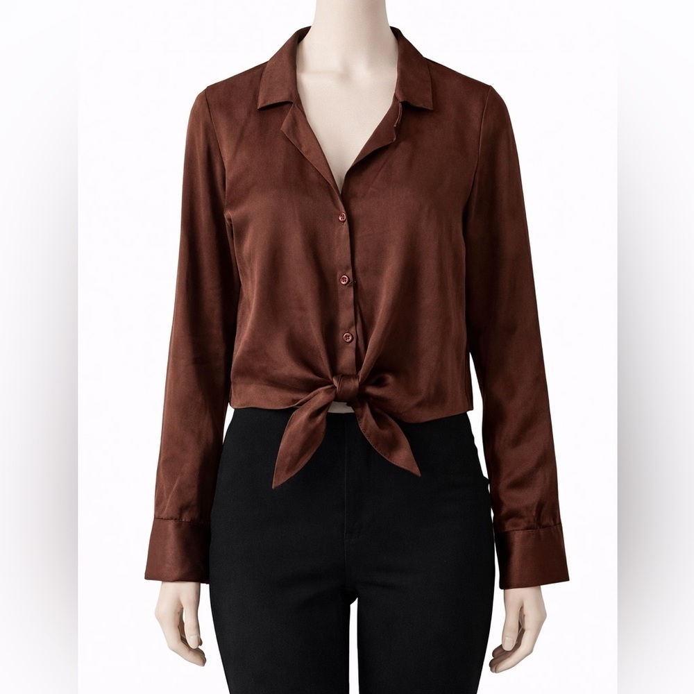 Wilfred Tie-Front Satin Blouse – Rust Brown – Size 2XS NWT - Picture 2 of 15
